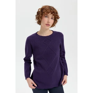 Desen Triko Kadın Sıfır Yaka Dikişsiz Önü Selanik Baklava Örgü Yün Kazak K.mor