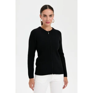 Desen Triko Kadın Sıfır Yaka Dikişsiz Fermuarlı Yün Hırka Siyah