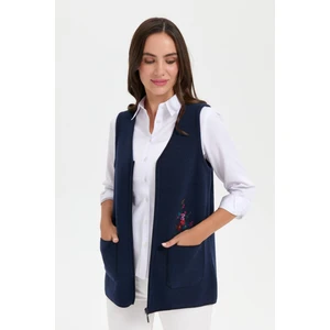 Desen Triko  Kadın V Yaka Cep Üstü Nakış Işlemeli Yün Yelek K.lacivert