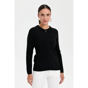 Desen Triko Kadın Sıfır Yaka Dikişsiz Fermuarlı Yün Hırka Siyah