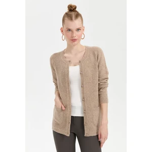 Desen Triko Kadın Sıfır Yaka Önü Baklava Örgü Dikişsiz Yün Hırka K.bej