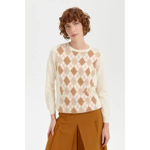 Desen Triko Kadın Sıfır Yaka Önü Baklava Desenli Yün Kazak Kemik