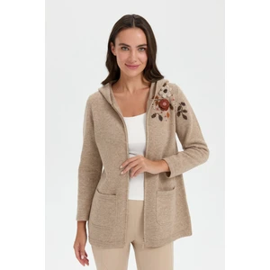 Desen Triko Kadın Kapüşonlu Omuzu Işlemeli Araboy Yün Hırka K.bej