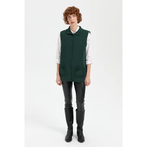 Desen Triko Kadın Polo Yaka Düğmeli Kısa Yün Yelek Yeşil