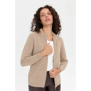 Desen Triko Kadın Dik Yaka Dikişsiz Önü Fermuarlı Yün Hırka K.bej