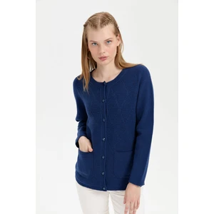 Desen Triko Kadın Sıfır Yaka Önü Baklava Örgü Dikişsiz Yün Hırka Indigo