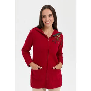 Desen Triko Kadın Kapüşonlu Omuzu Işlemeli Araboy Yün Hırka K.kırmızı