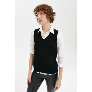 Desen Triko Kadın V Yaka Dikişsiz Süveter Siyah