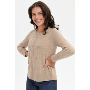 Desen Triko Kadın Sıfır Yaka Dikişsiz Önü Taşlı Fermuarlı Yün Hırka K.bej
