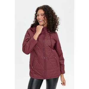 Desen Triko Kadın Kapüşonlu Üçgen Desenli Kısa Kapitone Mont Bordo