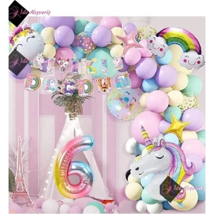 Bkmc Party Yaş Folyolu Karakterli Unicorn Temalı Iyi Ki Doğdun Makaron Balon Doğum Günü Parti Kutlama Seti