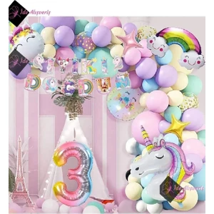 Bkmc Party Yaş Folyolu Karakterli Unicorn Temalı Iyi Ki Doğdun Makaron Balon Doğum Günü Parti Kutlama Seti