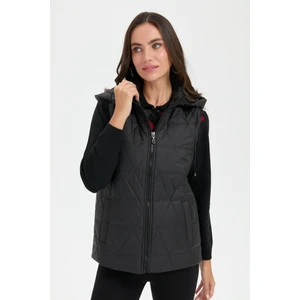 Desen Triko Kadın Kapüşonlu Üçgen Desenli Kısa Kapitone Yelek Siyah