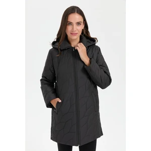 Kadın Polo Yaka Yanları Çıtçıtlı Yaprak Desenli Araboy Kapitone Kaban Siyah