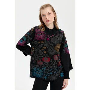 Desen Triko Kadın Dik Yaka Önü Renkli Çiçekli Kısa Yün Ceket Siyah