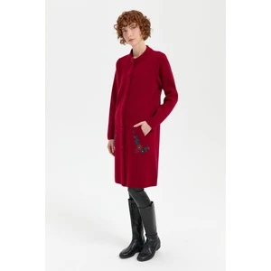 Desen Triko Kadın Dik Yaka Cebi Işlemeli Uzun Yün Kaban V.çürüğü