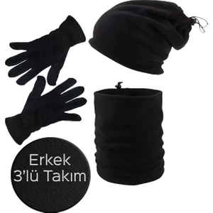 Erkek Siyah Kışlık Termal Polar Eldiven - Polar Ipli Bere Şapka - Polar Ipli Boyunluk 3'lü Set