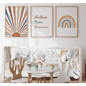 Nn Decor Boho Temalı 3'lü Set - Güneş ve Gökkuşağı - Doğal Ahşap Çerçeveli, Bebek ve Çocuk Odası Tablo Seti
