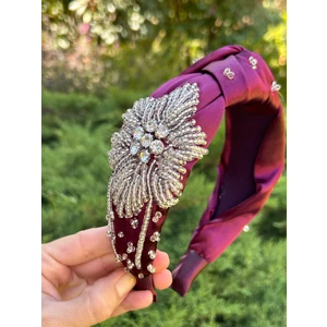 BYM611 Tasarım Abiye Saç Aksesuarı Günlük El Işi Taşlı Motifli Bordo Kına Tacı