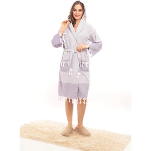 Rozet Tekstil Hürrem Mor S/M Püsküllü Kapüşonlu Banyo Sauna Havuz Plaj Kadın Erkek Unisex Cepli Pamuklu Peştamal Bornoz