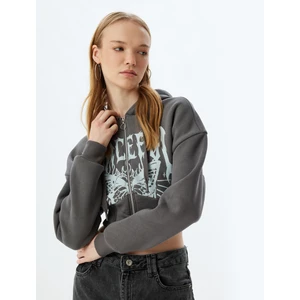 Crop Sweatshirt Fermuarlı Kapüşonlu Korse Detaylı Baskılı Slim Fit Şardonlu