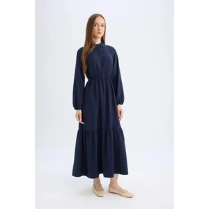 Gömlek Yaka Basic Düz Düğmeli Beli Büzgülü Uzun Kollu Maxi Lacivert Elbise D5851AX24AU