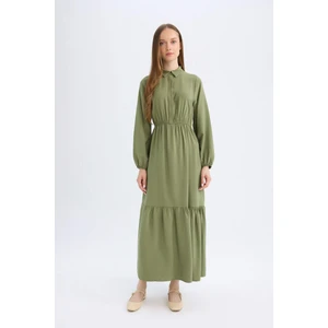 Gömlek Yaka Basic Düz Düğmeli Beli Büzgülü Uzun Kollu Maxi Elbise D5851AX24AU