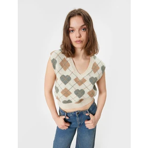 Triko Süveter V Yaka Jakarlı Kolsuz