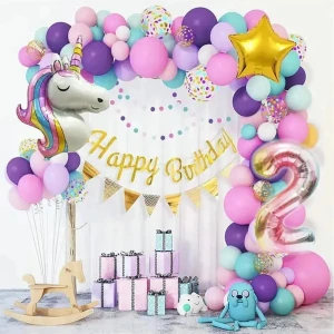 Bkmc Party Kız Çocukları Için Unicorn Lüks Makoron Renkler Balon Zincir Doğum Günü Parti Seti Süsü