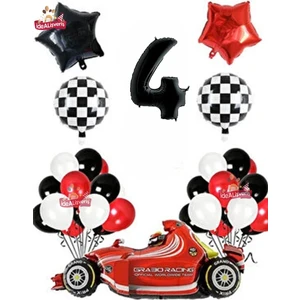 Mg Store Formula Yarış Arabası 4 Yaş Siyah Kırmızı Beyaz Konsept Doğum Günü Parti Seti