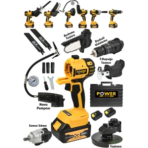Power Black 6 Lı Pro Set Tilki Kuyruğu Taşlama Somun Sökme Havalı Pompa Şarjlı Matkap Testere Sarı