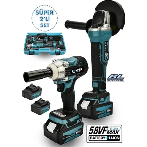 Power Black 2 Li Set Şarjlı Taşlama Şarjlı Somun Sıkma Sökme Setli 58VF Mavi