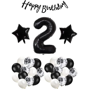 Siyah Konsept 2 Yaş Doğum Günü Kutlama Seti; Beyaz Siyah Konfetili Balon, Rakam Yıldız Folyo Ve Bann