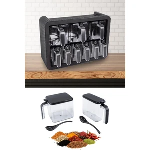 Standlı Kaşıklı Kapaklı 9’lu Baharatlık Seti, Kendinden Yapışkanlı Siyah Baharat Takımı (3X600ML, 6X300ML)