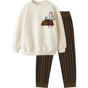 Ladin Store Yeni Sezon Erkek Çocuk Baskılı Pamuklu 3 Iplik Şardonsuz Sweatshirt ve Jogger Pantolonlu Ikili Takım