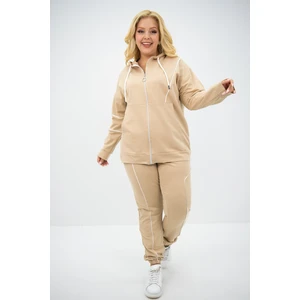 Kadın Büyük Beden Kapüşonlu Eşofman Takımı Fermuar Detaylı 42-50 Beden Bej Renk