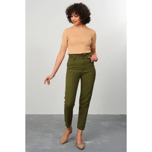 Kadın Haki %100 Pamuk Gabardin Kemer Büzgülü Mom Pantolon - 2614