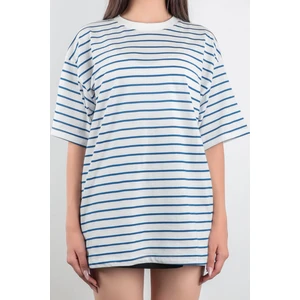 Saks Mavisi Süprem Bisiklet Yaka Çizgili Kadın T-Shirt %100 Pamuk - 24805