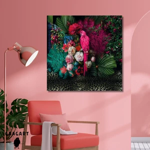 Tekli Kare Kanvas Tablo Pembe Papağan ve Manzara