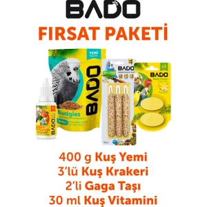 Kuş Tanışma Paketi 4lü(Yem+Vitamin+Kraker+Gaga Taşı)