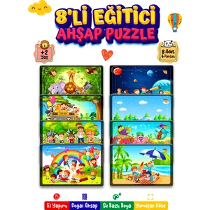 Nessi World 212TOYZZ Çok Renkli Sevimli Karakterler Çocuk Ahşap Puzzle 6 Parça 8 Adet Eğitici Öğretici Set