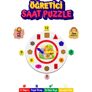 Ct Toys Montessori Renkli Sağlıklı Ahşap Mdf Malzeme Sevimli Hayvanlar Desenli Saat Öğretici Puzzle
