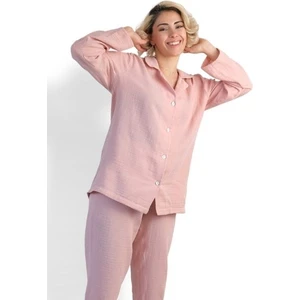 Kadın Müslin Pijama Takımı Düğmeli Yakalı Pijama