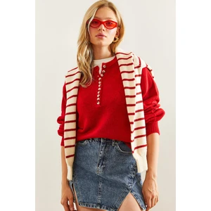 Kadın Yakası Ilikli Balıkçı Yaka Çizgili Triko Kazak