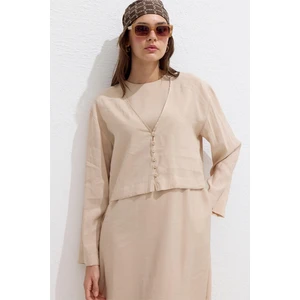 Modal Düğmeli Bluz Bej
