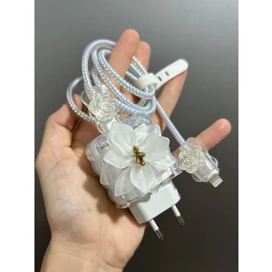 Paladyum Case Apple iPhone 18/20 W Şarj Cihazı Uyumlu Lotus Çiçeği Figürlü 5 Parça Şarj Koruma Seti