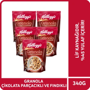 Granola Çikolata Parçacıklı ve Fındıklı 340 G x 5 Adet, %44 Yulaf, Lif Kaynağı Kahvaltılık Gevrek