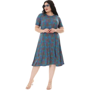 Butik Mavi Kırmızı Mercan Desen Kısa Kollu Midi Elbise
