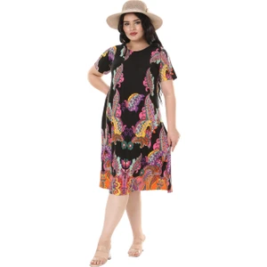 Butik Siyah Şal Desen Kısa Kollu Büyük Beden Midi Elbise