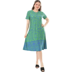Butik Yeşil Kilim Desen Kısa Kollu Büyük Beden Midi Elbise